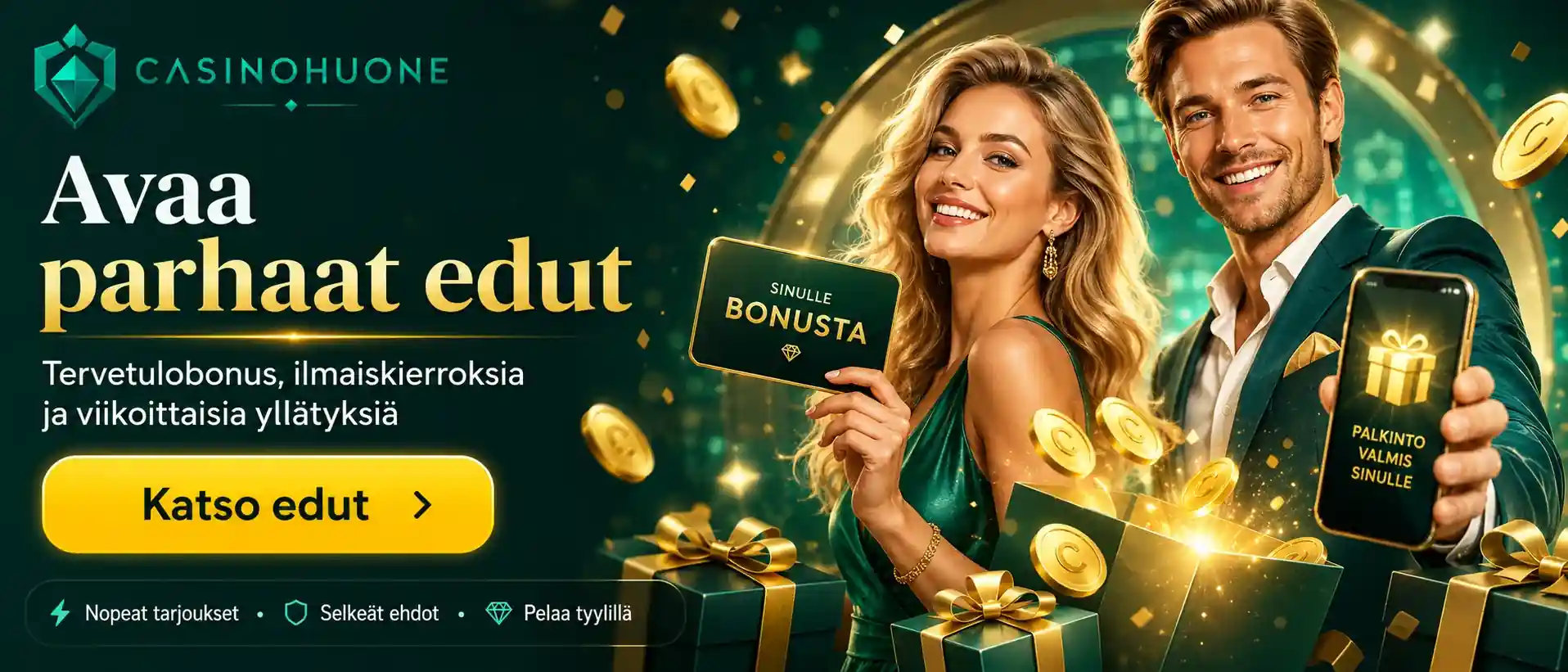 Pariskunta esittelemässä bonuksia ja tarjouksia