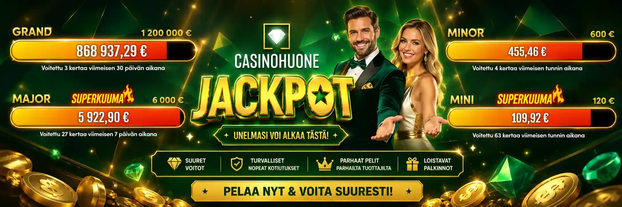 Casinohuone Jackpot Jackpot-voittopotit ja iloinen pariskunta