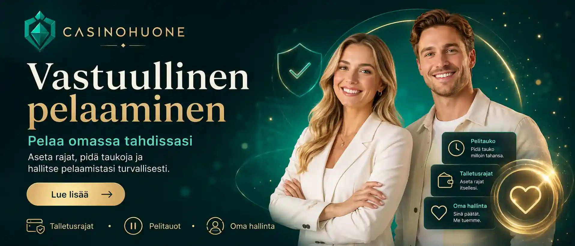 Vastuullinen Pelaaminen Nainen ja mies vastuullisen pelaamisen viestillä